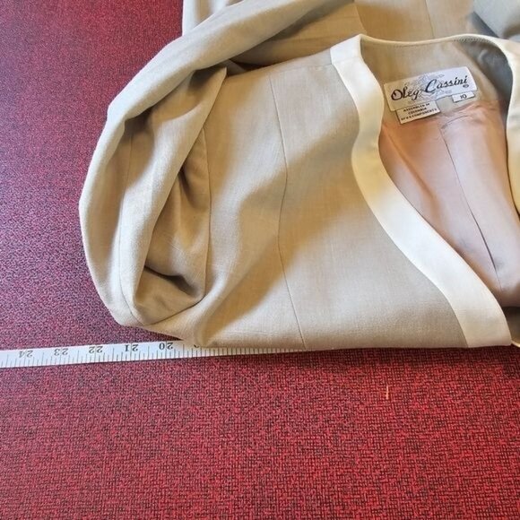 VTG 80s Oleg Cassini Taupe Cream Collarless Blazer 10 Neutral One Button Office - Picture 7 of 11